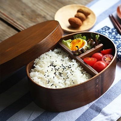 Elonglin Boîte à lunch en Bois Bento Box Contenant pour aliments 3 compartiments avec couverts inclus Boîtes-repas Japonaise pour les Etudiants Frais-conservation des Boîtes de Sushi Plateau Repas Vaisselle Bowl Bento Déjeu