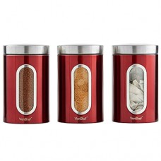 VonShef Set de 3 boites pour le thé  le café et le sucre avec vitre – acier inoxydable - Rouge - B01KOLUA7W