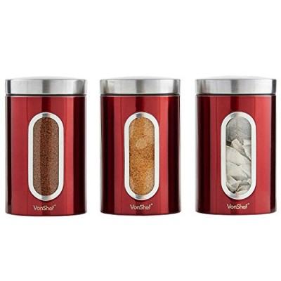 VonShef Set de 3 boites pour le thé  le café et le sucre avec vitre – acier inoxydable - Rouge - B01KOLUA7W