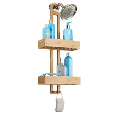 mDesign étagère de douche sans perçage – support de rangement pour douche à suspendre – ustensile de salle de bain en bambou – paniers pour accessoires de douche (shampooing  rasoir etc.) - B01MXOP2ZO