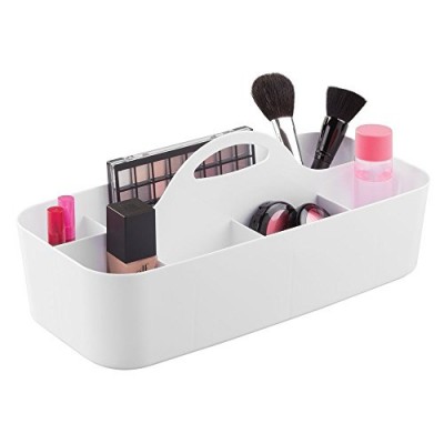 mDesign organiseur de maquillage en blanc – boîte de rangement avec 11 compartiments – rangement parfait pour produits cosmétiques – en plastique solide – poignée intégrée – 36 83 cm x 17 78 