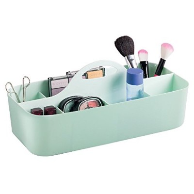 mDesign organiseur de maquillage en vert menthe – boîte de rangement avec 11 compartiments – rangement parfait pour produits cosmétiques – en plastique solide – poignée intégrée – 36 83 cm x 